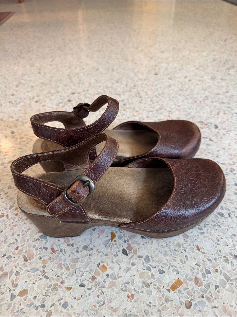 Dansko Brown Leather Floral-Embossed Mary Jane Clogs - Picture 6 of 7